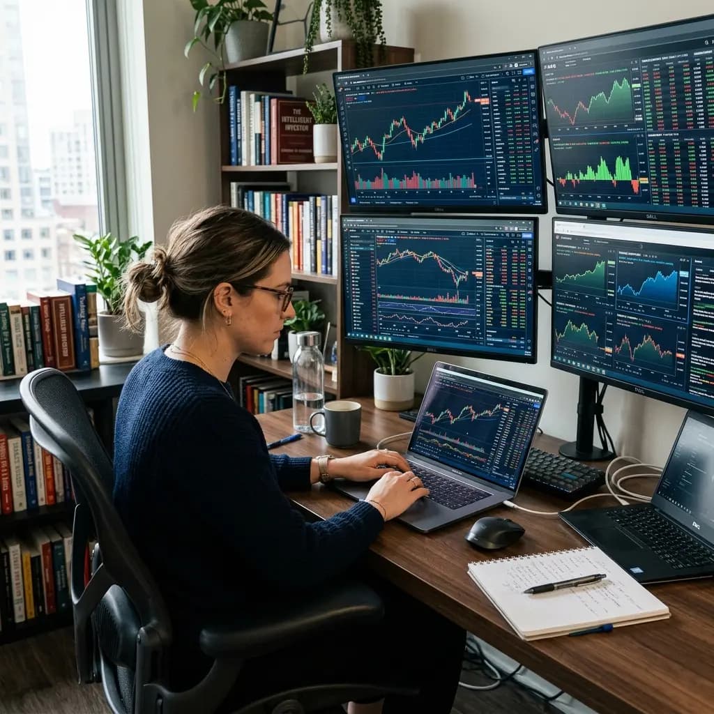 Trader looking at charts on laptop